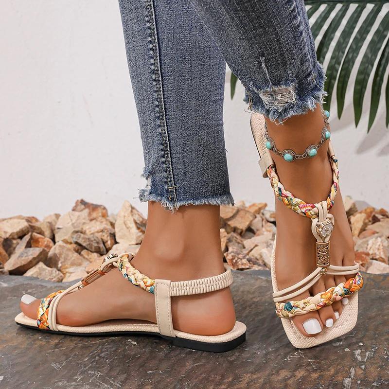 Fashion Fashion Flower Beaded Bohemian Sandals Women Square Toe Printing Braided Flat Sandals Woman 2025 Summer Comfortable Beach Shoes
