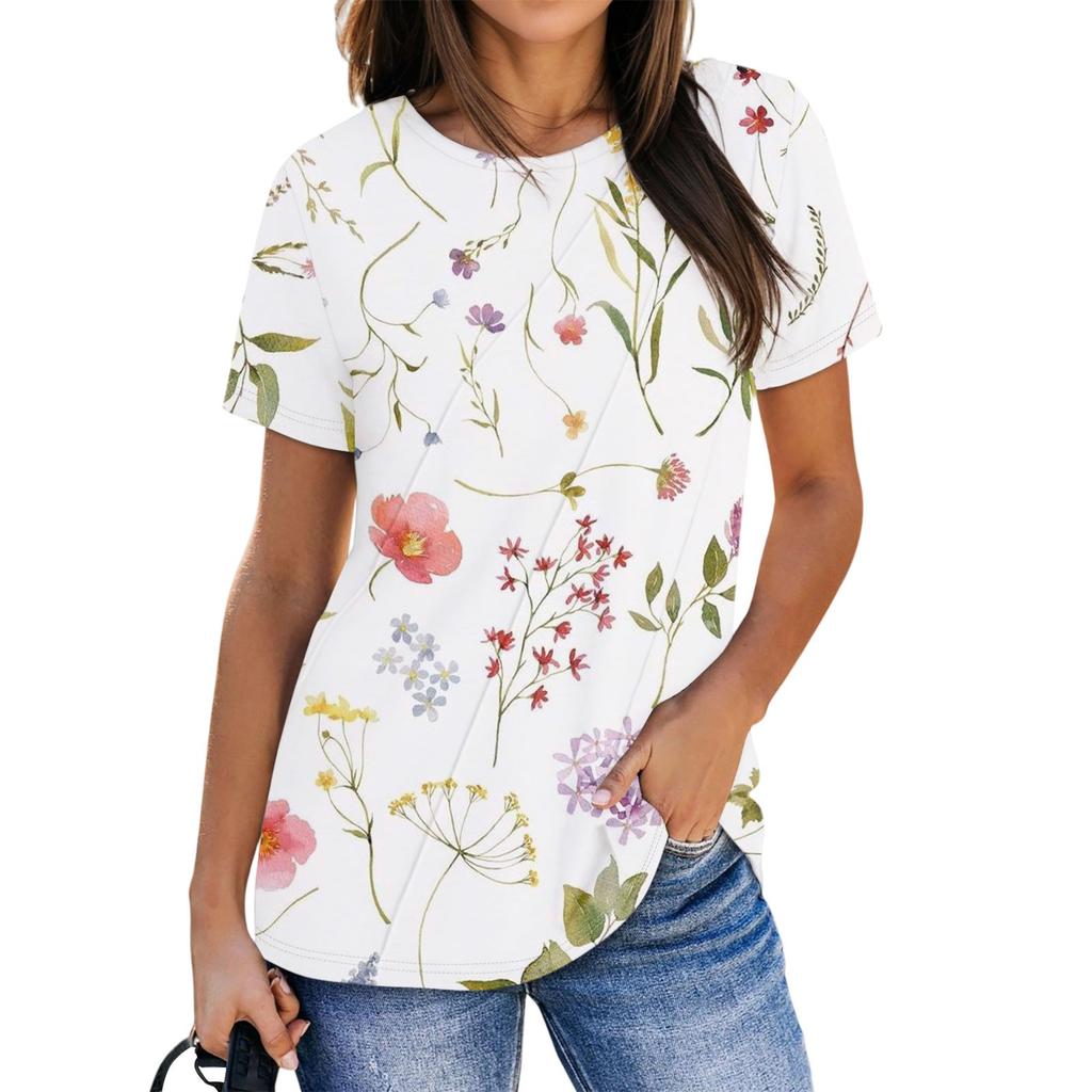 Women's Fashion Casual Floral Print Pullover Short Sleeve Top