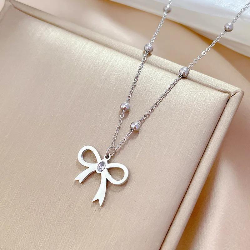 L316 Stainless Steel Beads Chain Hollow Bowknot Pendant Necklace for Women Niche Simple Jewery Accessory