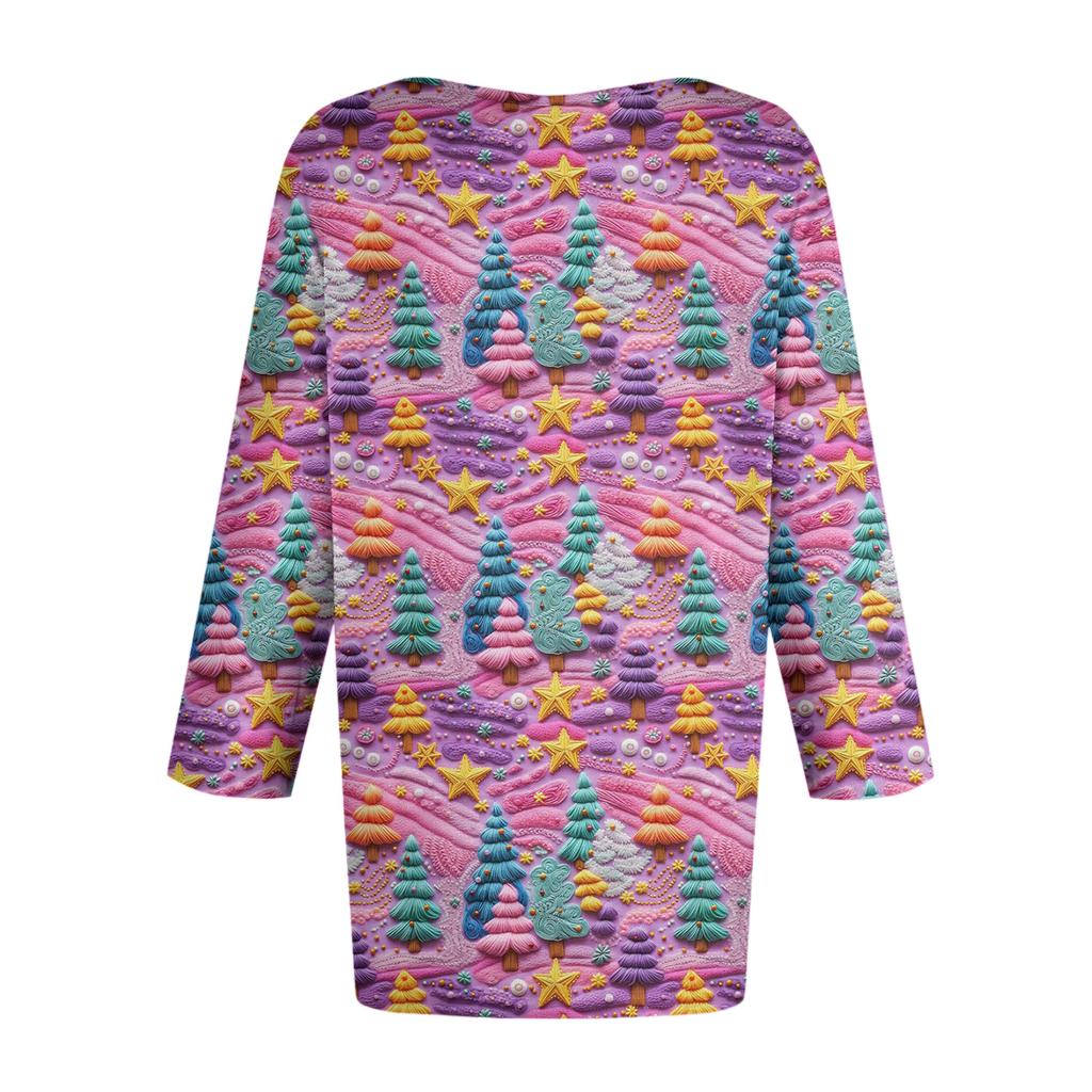 Women's Fashionable Casual Three-Quarter Sleeve Christmas Print Round Neck Top