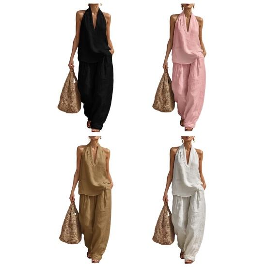 Completo in Cotone e Lino da Donna a 2 Pezzi con Top Canotta Senza Maniche con Scollo all'Americana e Pantaloni a Gamba Larga Set da Relax Abbigliamento Casual per le Vacanze