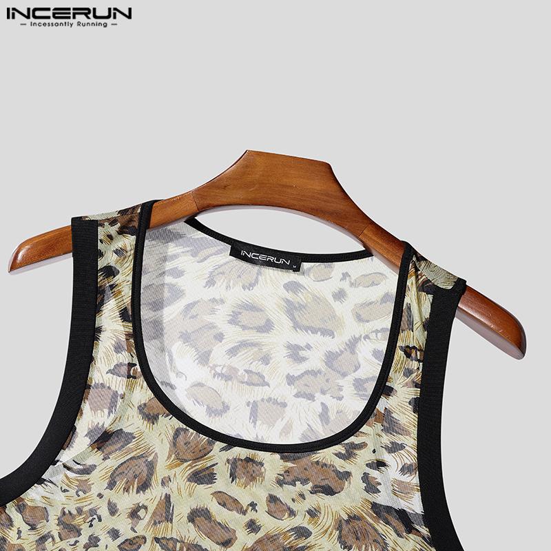INCERUN Men Sleeveless Leopard Semi-Sheer Fitted Casual Tank Tops