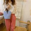 Korean Style Plaid Canvas Bucket Bag Large Capacity Handbag Literary Vacation Tote Bag Outdoor