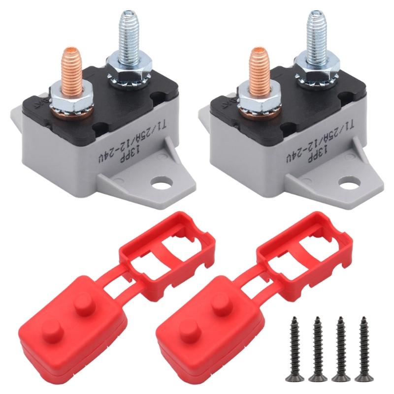 2Pcs 25A Circuit Breaker Auto Reset Function Red Sheath Design Fixed Mounting Wing for 6-28V Voltages Ranges Systems