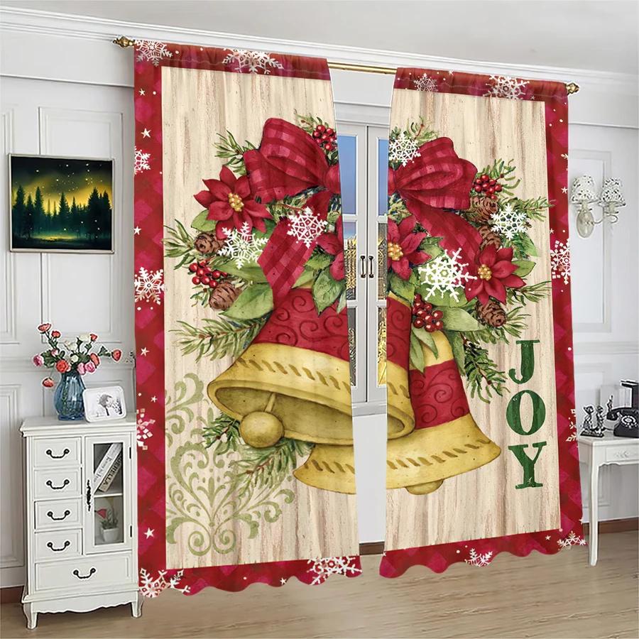 Christmas Golden Bell Print Curtains   Christmas Decorations   Home Decorations   Room Decorations