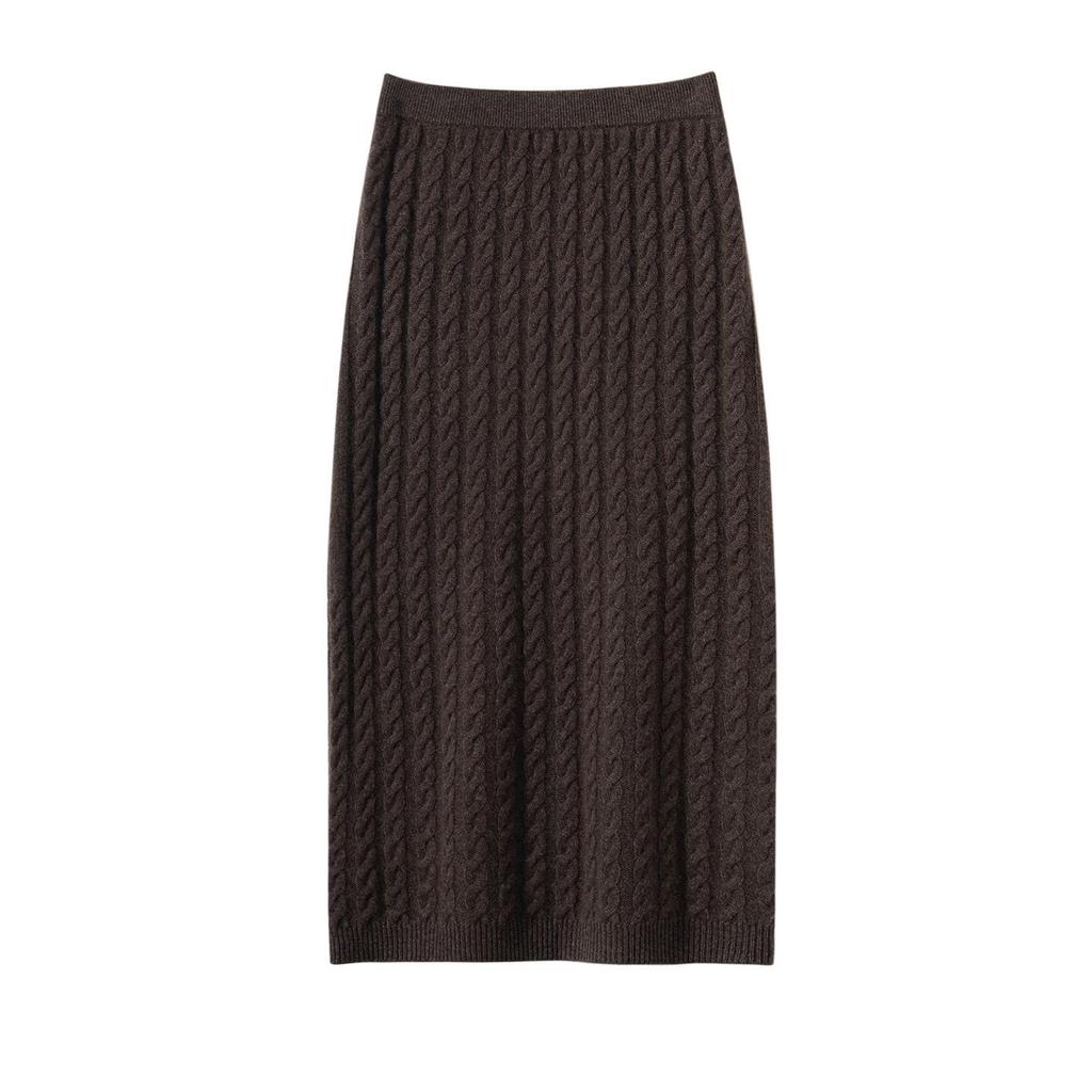 Cashmere Women's High-End Cable Knit Round Neck Sweater & High Waist Skirt Set
