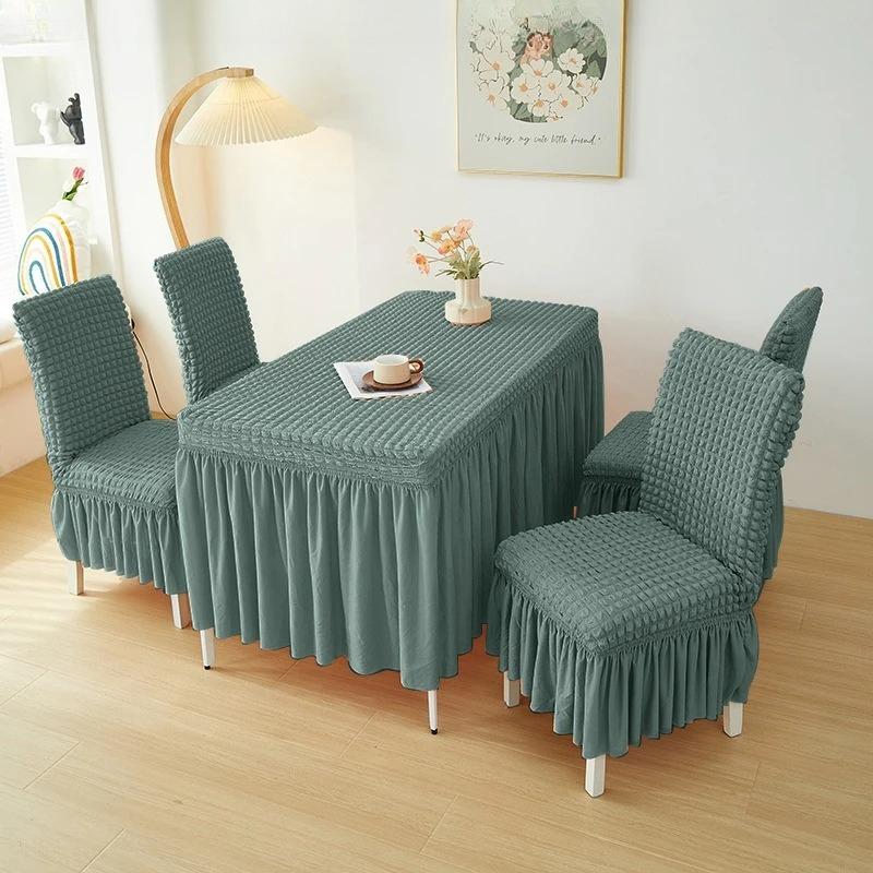 French Style Seersucker Table Cloth with Skirt Stretch Rectangular Anti-Dust Dining Table Cover Removable Washable Home Decor