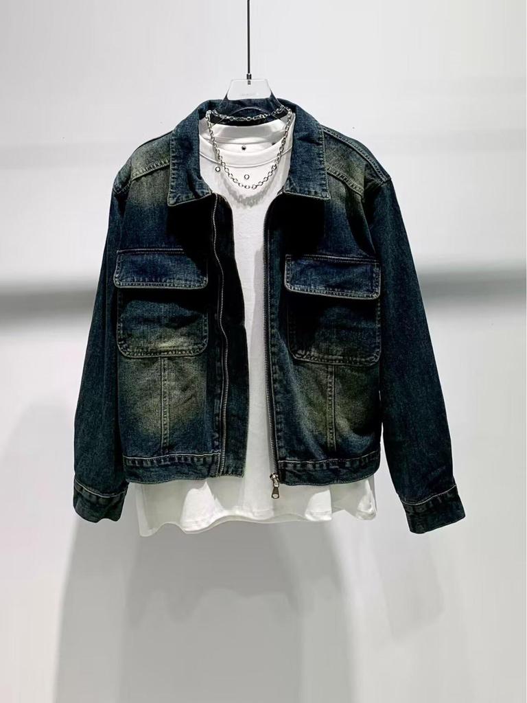 Men's Distressed Retro Slim-fit Denim Jacket - Casual Zipper Outerwear for Spring & Autumn.