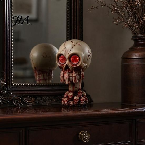 Escape Room Skull Prop Halloween Ornament, with Red LED Eyes Horror Light, Durable Creepy Decoration Resin Decoration, for Haunted Houses Bars
