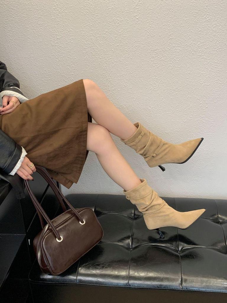 Suede Pointed Toe Stiletto Ankle Boots with Buckle - Women's Mid-Calf Ruched Skinny Heels