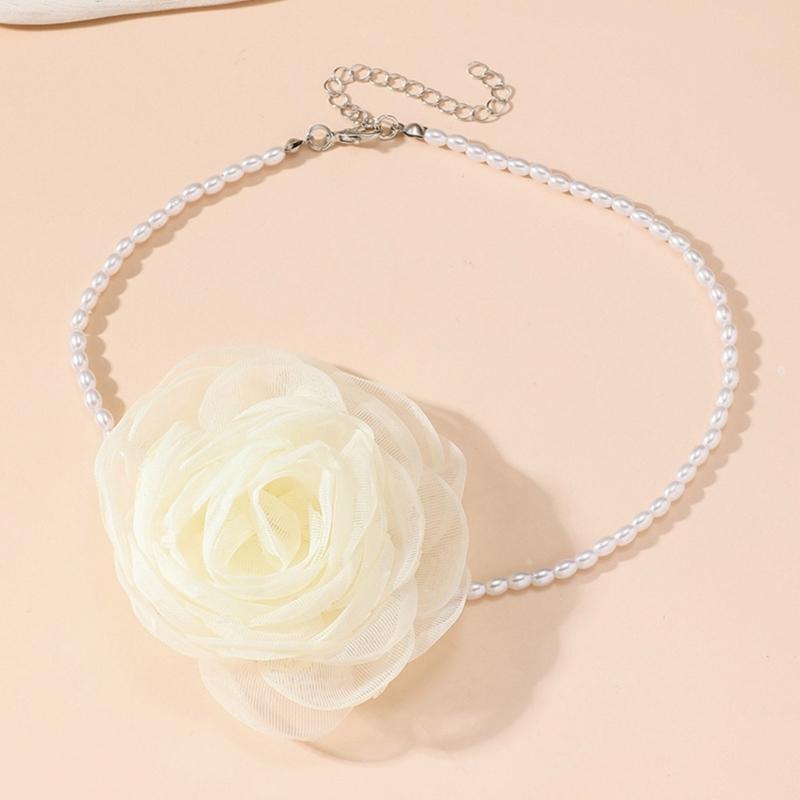 Simple Gauze Flowers Neckband Choker Necklace Jewelry Temperament Pearl Neck Chain Women Clavicle Chain Necklace