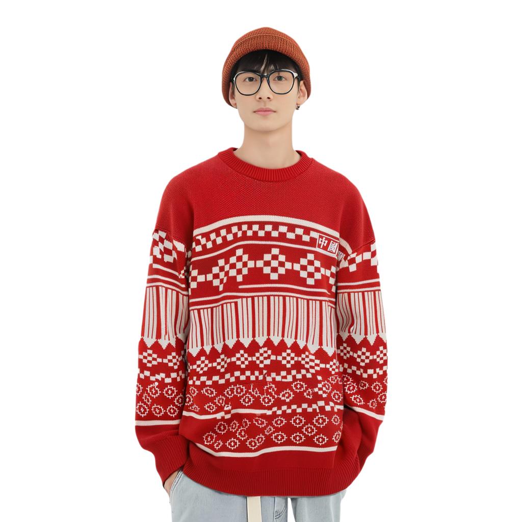 Li-Ning Pullover Long Sleeve Round Neck Geometric Pattern Sweater Unisex sweater Bull-Red AMBS145-3