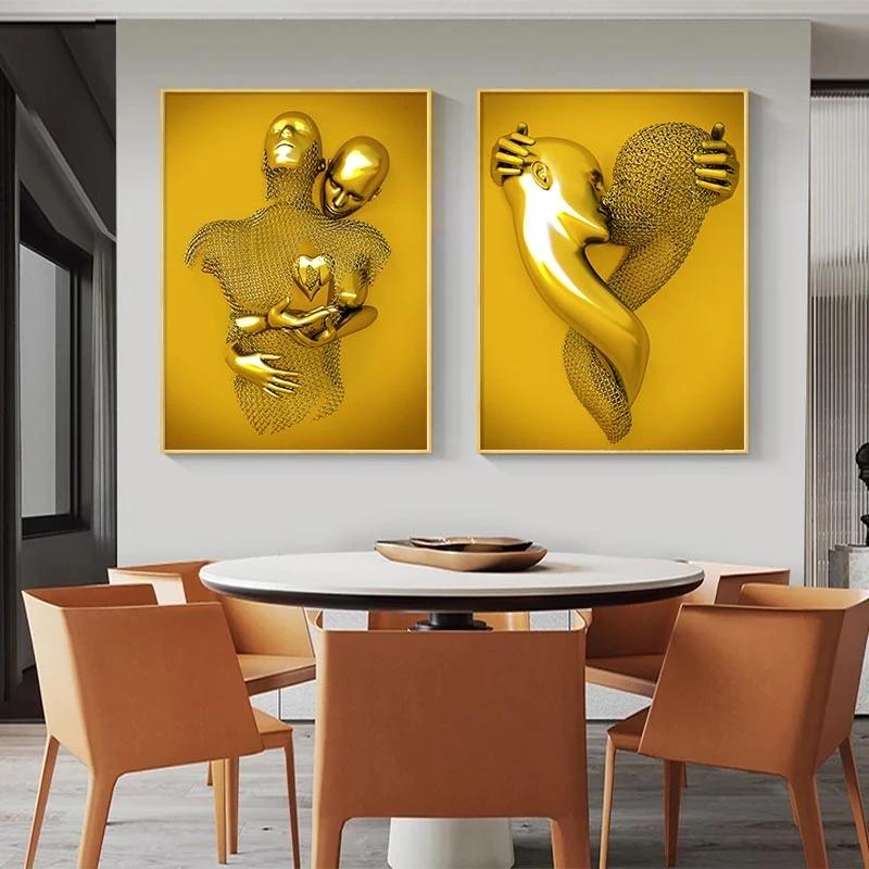 Ragazzo d'oro e Ragazza di giada Coppia Metallo Ritratto Arte Pittura a olio Poster e Stampa Moderna Decorazione da parete Soggiorno