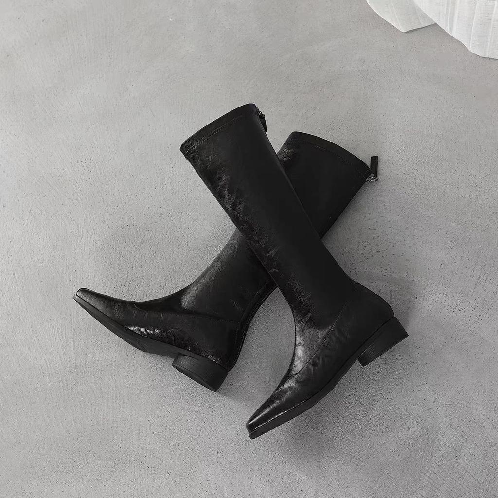 Sheepskin version fashionable retro square head leather boots new versatile and thin knight boots temperament women's boots