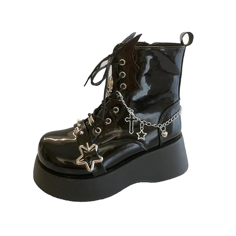 

Женские модные ботфорты на платформе с ремнем для косплея на Хэллоуин, кожаные ботинки на толстой подошве, трендовые готические женские ботильоны, Botas Mujer 35 чёрный