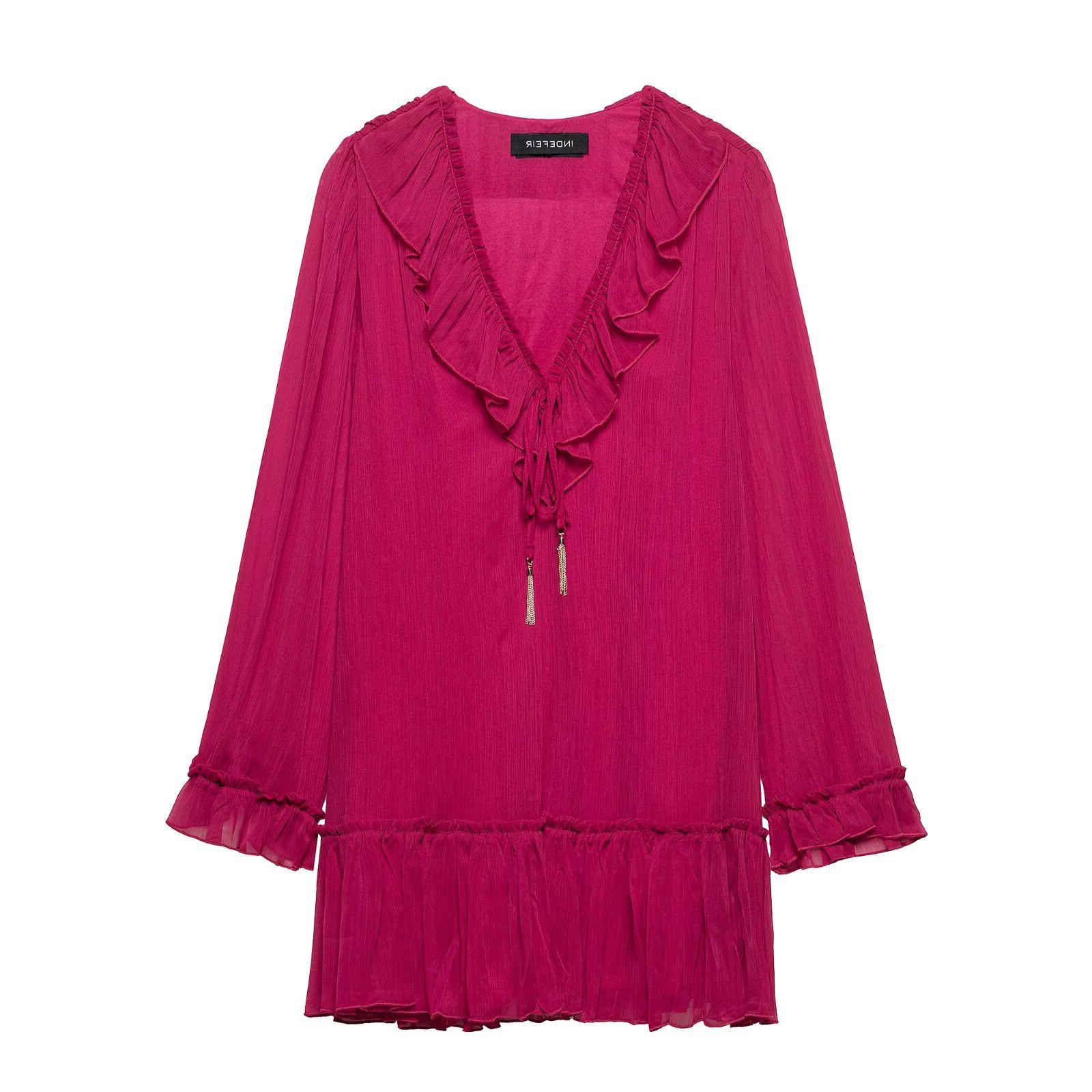 

TAOP&ZA Summer Women s V-neck Long Sleeve Ruffle A-line Dress Extra Small