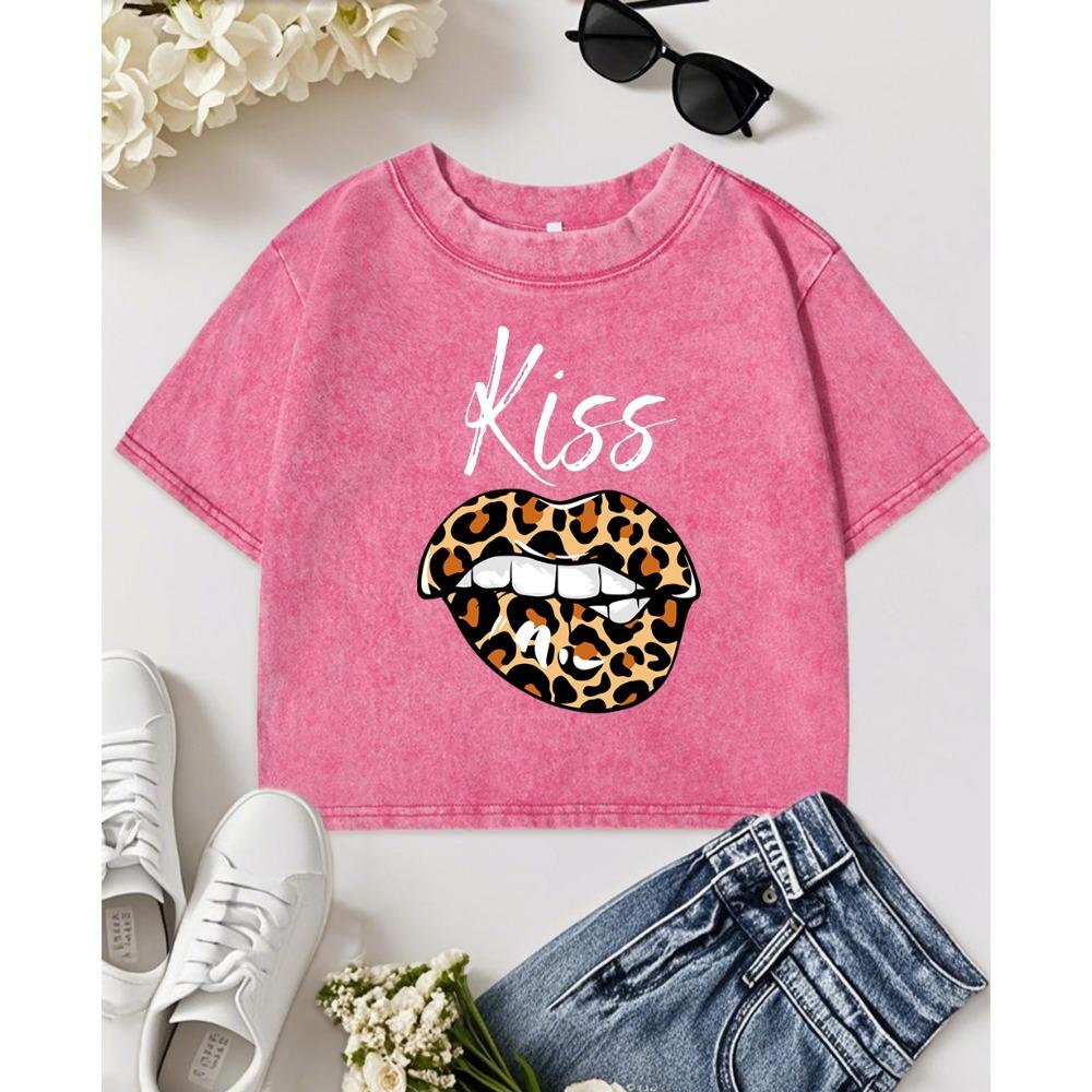Kiss Me Leopard Print Lips Print Women Washed Crop T Shirt Cotton Top Casual Y2K Summer T-Shirts O-Neck Slim Streetwear