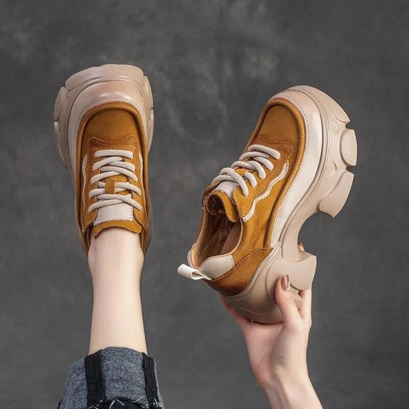 Johnature Thick Soled Heightening Pumps Genuine Leather Lace-up Versatile Retro Women's Platform Shoes