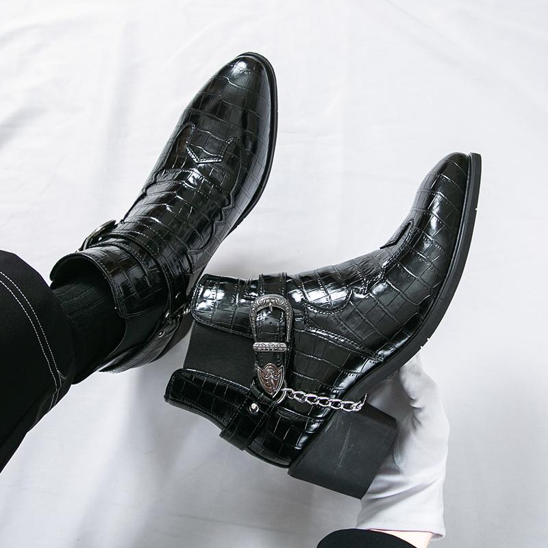 Handmade Men's Fashion Ankle Boots with Crocodile Pattern, Buckle & Chain Decoration, Dress Boots for Trendsetters&Casual&Party