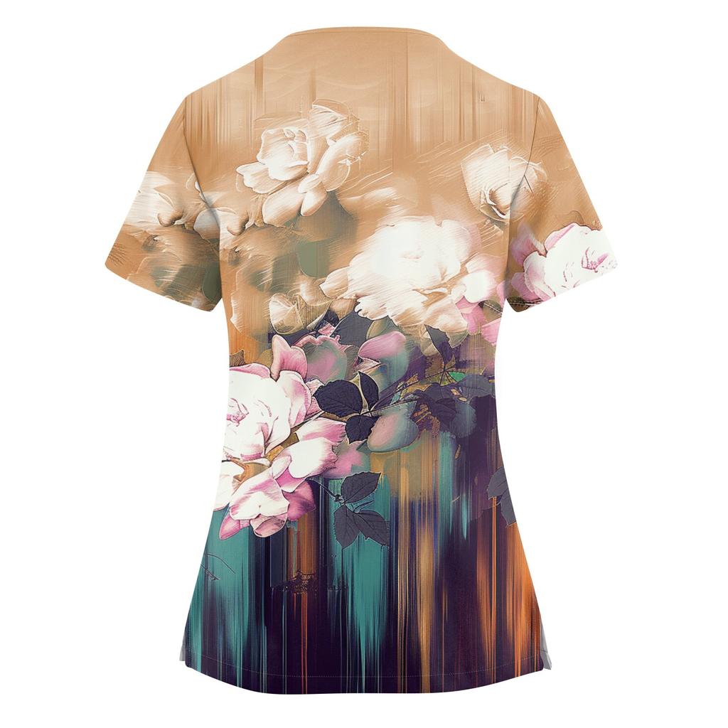 Women Short Sleeve V Neck Drawstring Floral Print Work Scrub Top with Pockets Medical Uniform for Healthcare Professionals Nursing Staff