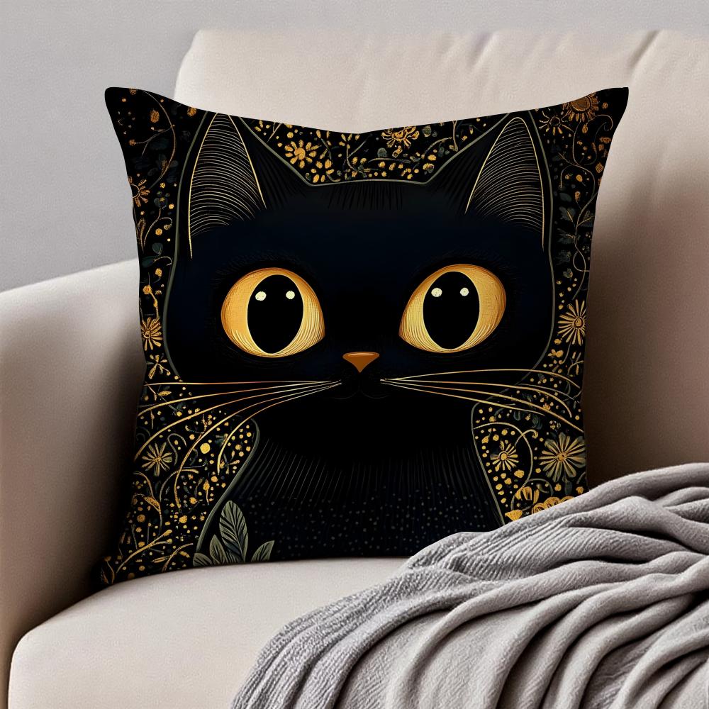 Art Black Cat Cushion Cover Pillowcase Antidustmite Invisible Zipper Short Plush Sofa Cushion