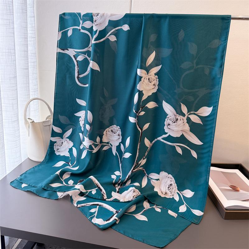 Spring And Summer Thin Print Simulation Silk Brocade Sunscreen Light Rhyme Blue Flower Silk Scarf Long Scarf Shawl Versatile Headscarf Scarf