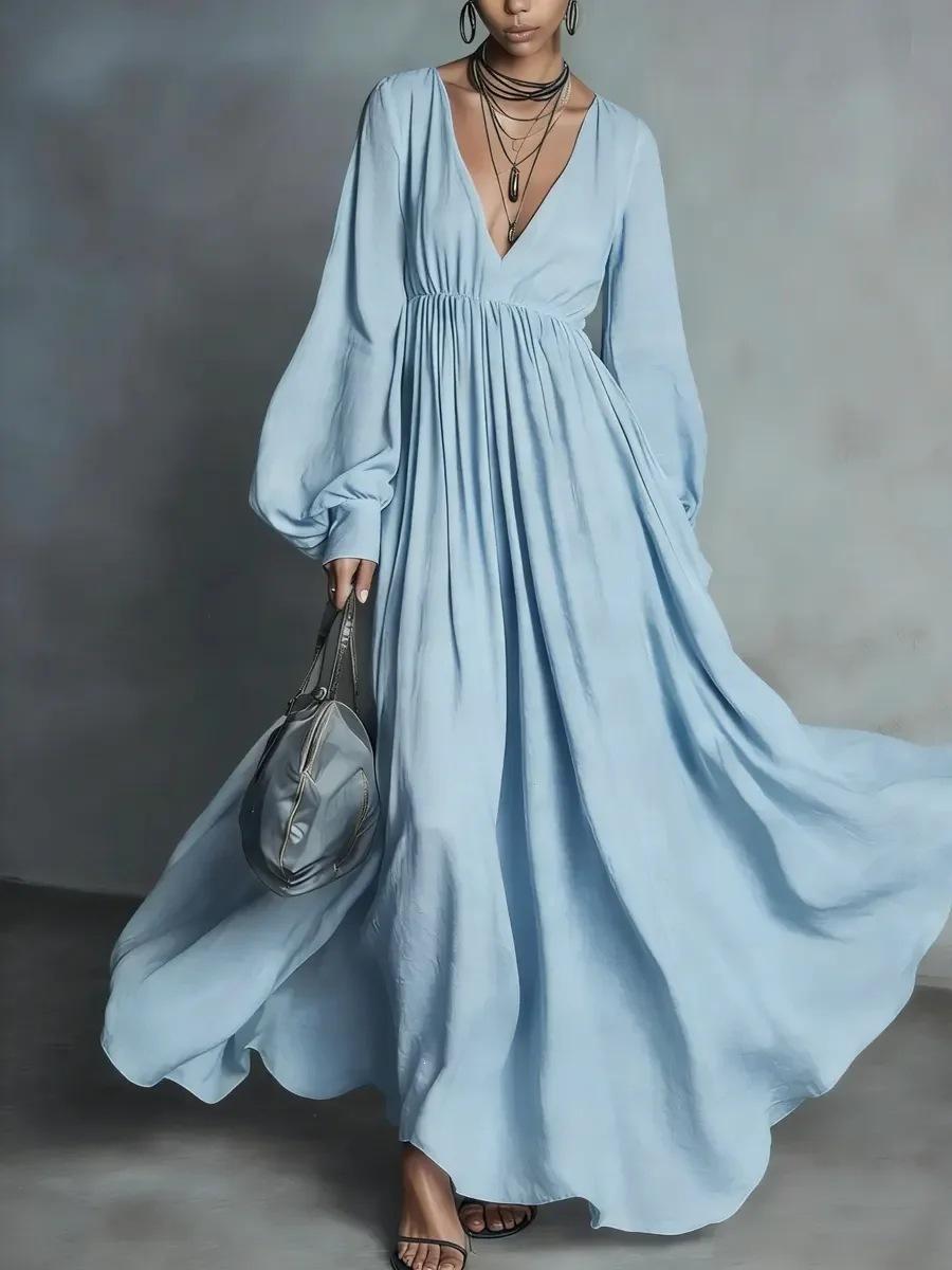 European and American thin long-sleeved pleated waist v-neck temperament long dress elegant dress S