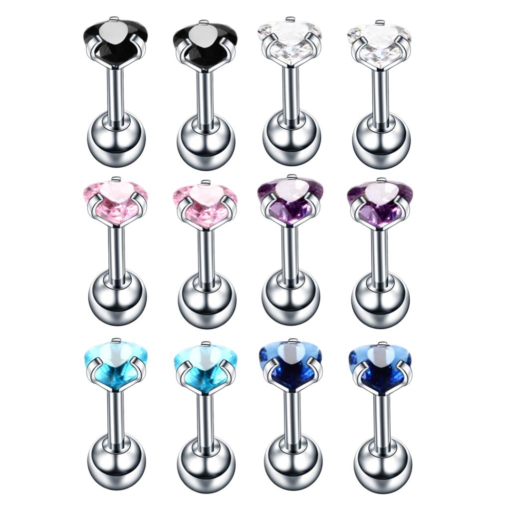 12 Pieces 16G Stainless Steel Cubic Zirconia Earrings for Women Stud Body Jewelry Set