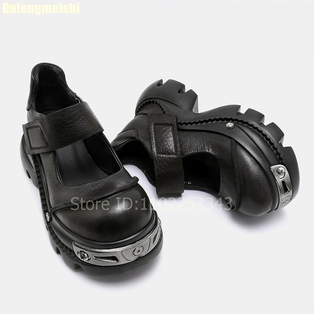 Fashion 2025 New Thick-Soled Mary Jane Shoes Women Punk Style Summer Shallow Round Toe Black Leather Shoes Height-Increasing Pumps
