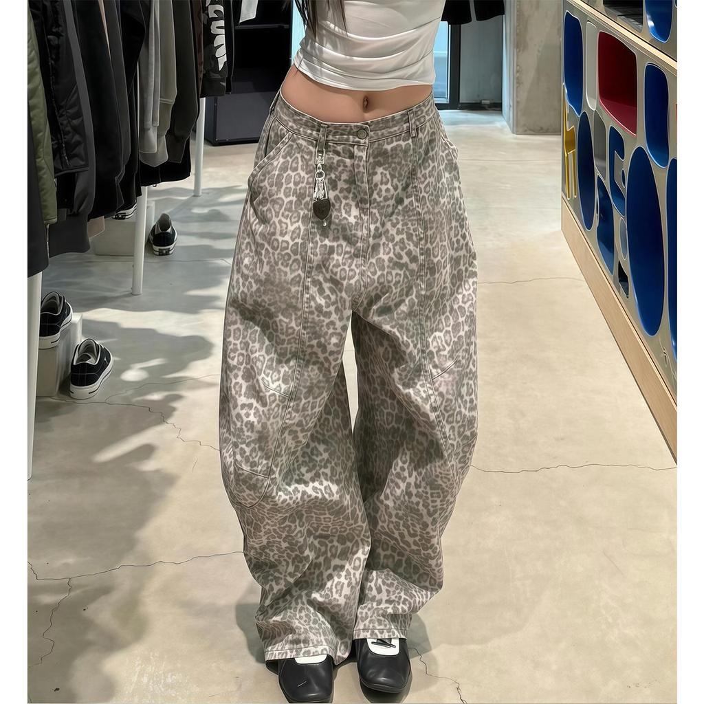 Jeans de Pierna Ancha Estilo Retro Americano Chica Picante Estampado de Leopardo: Silueta Relajada, Hasta el Suelo, Hoja Curva para Mujer