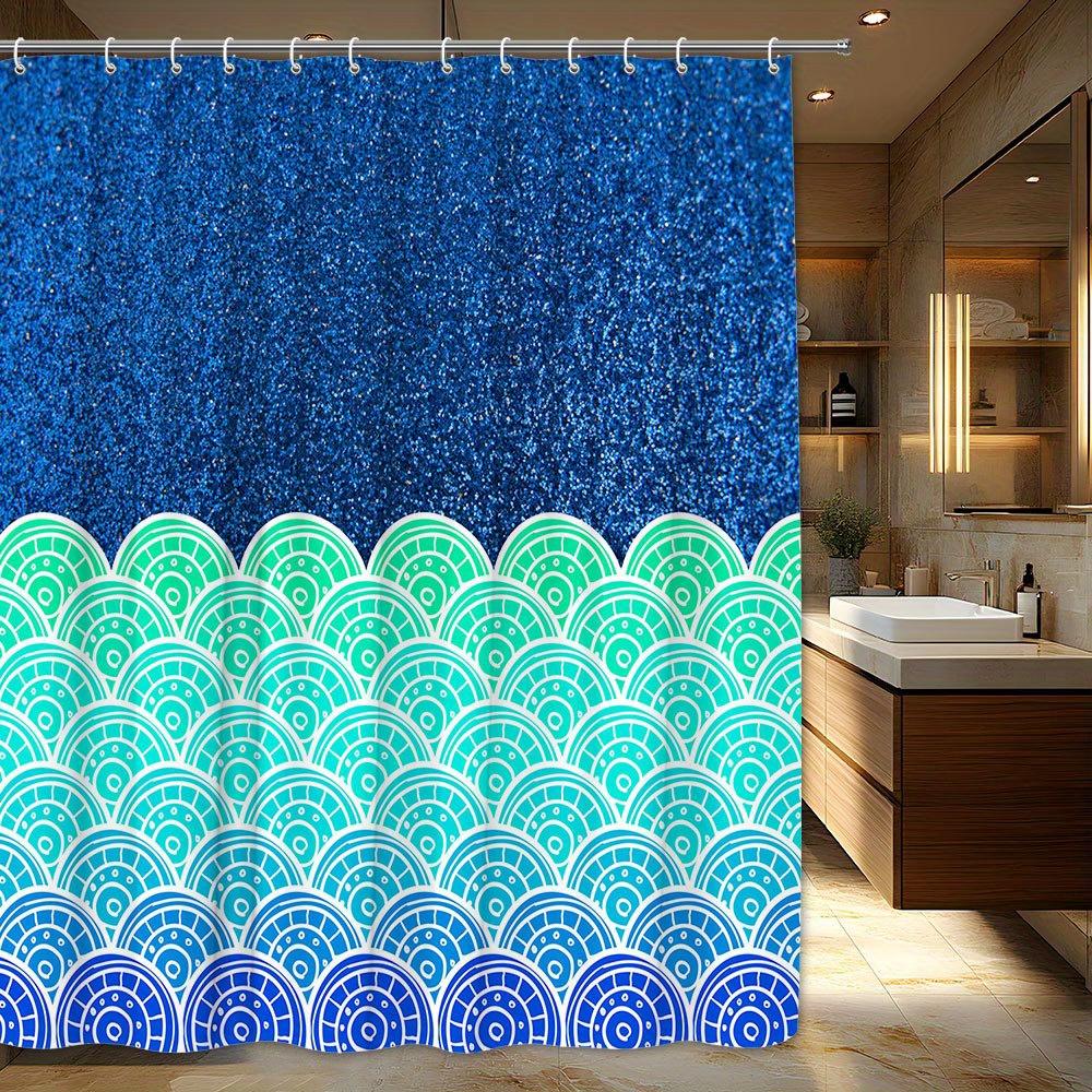 Gradient Blue & Turquoise Wave Shower Curtain - Geometric Design, Glittery Texture, Polyester,  Stylish Bathroom Decor