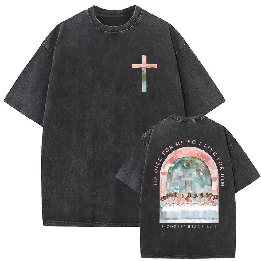 Chaokebang Vintage Christelijk Kruis Jezus Grafisch T-shirt Gewassen Unisex Korte Mouw Religieus Geloof Streetwear Tee Tops voor Mannen Vrouwen 2XL
