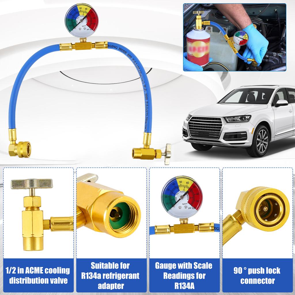 Metal AC Refrigerant Recharge Hose Kit with 1/2 Acme Thread Pressure Gauge Sturdy R134A Car Air Conditioner Recharging Hose