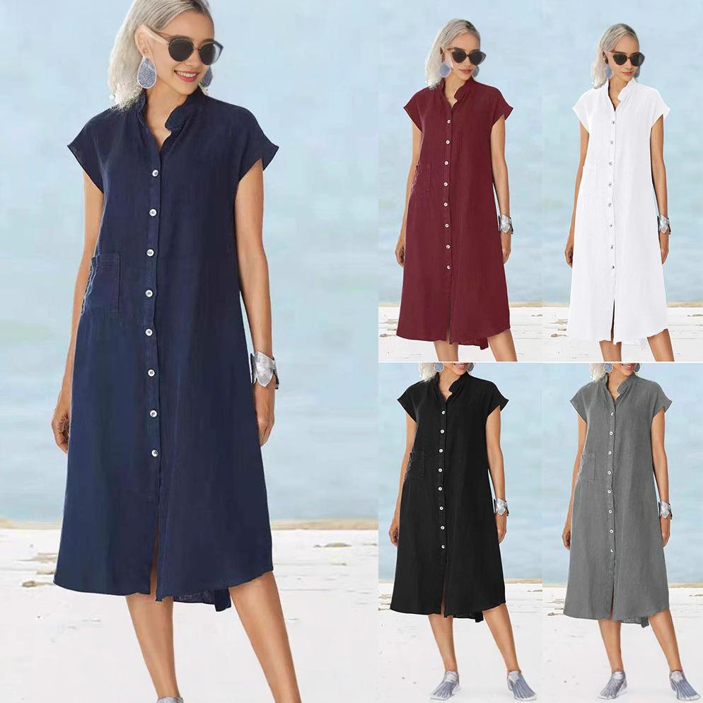 Cardigan Collar Shirt Dress-Single Breasted Linen Blend Pocket Dress for Women,Plus Size Open Front Tunic with Stand Neck, Casual Chic Layering Piece