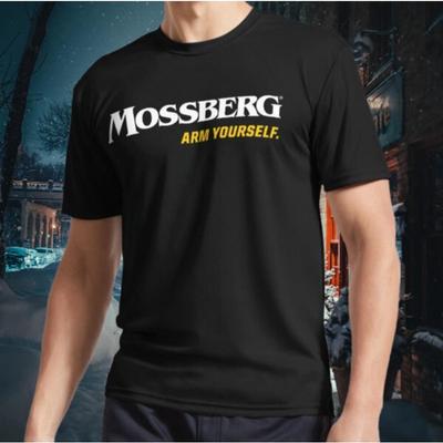 Mossberg Heavy Brand Logo Print T-Shirt - Slim Fit Short Sleeve with Bold Yellow ARM YOURSELF  Design, Black Glossy Finish, All-Season Casual Wear