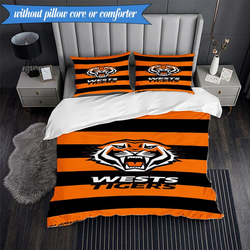 3PCS Wests Tigers Roar Strength And Pride Bedding Set 2D Printing (Includes 1 Duvet Cover + 2 Pillowcases Coreless), Bedroom decor,Fan gift