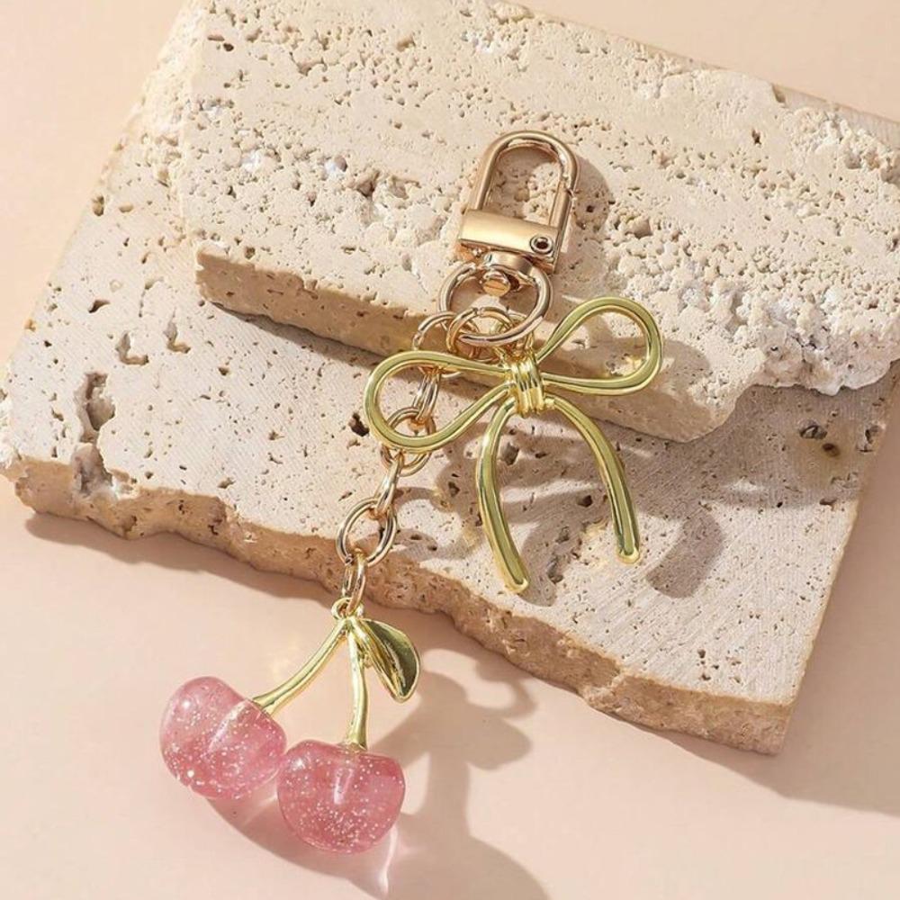 Fashion Delicious Red Cherry Bow Keychain Summer Fruits Cherries Pendant Keyring For Women Men Jewelry Bag Accessories Gift