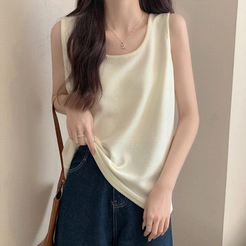 VEZFAA Women's Fashion Casual Summer Spring Solid Color Print Sleeveless U-Neck Blouses & Shirts
