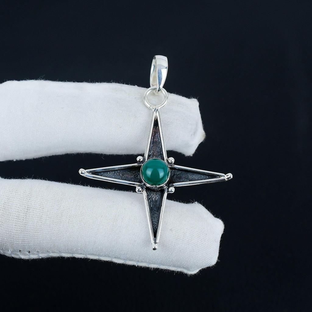 Natural Green Onyx Gemstone Silver Pendant In 925 Sterling Silver - Handmade Star Design, Everyday Wear Jewelry, Unique Designs Pendant