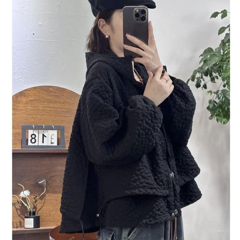 Women  Hooded Jacket Winter Flower Texture Zip Up Coat Drawstring Hem Loose Warm Outerwear