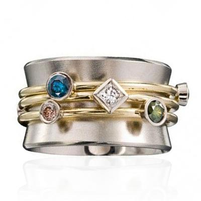 Huitan Fashion Band Ring for Women with Gold Color Waist Line Geometric Colorful CZ Stone Personality Girl Party Finger Rings