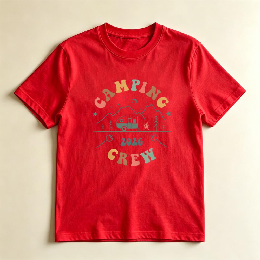 2026 Camping Crew Retro Rainbow Graphic TShirt Vintage Mountain Camper Tee Family Group Camping Trip Matching Casual Shirt