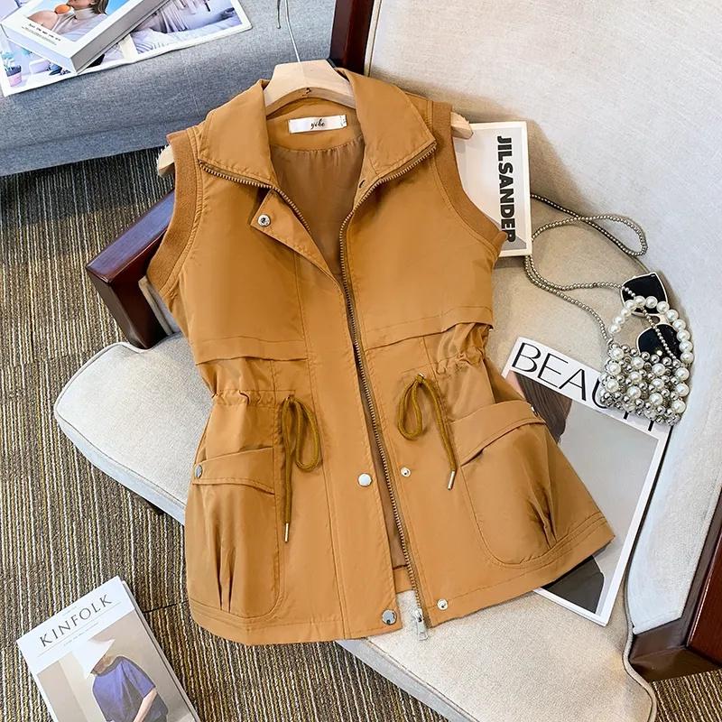 

Casual Black Vests Women Stylish Loose Sleeveless Zipper Waistcoats Female Korean Fashion Drawstring Pockets Thin Coat 5XL помаранчевий