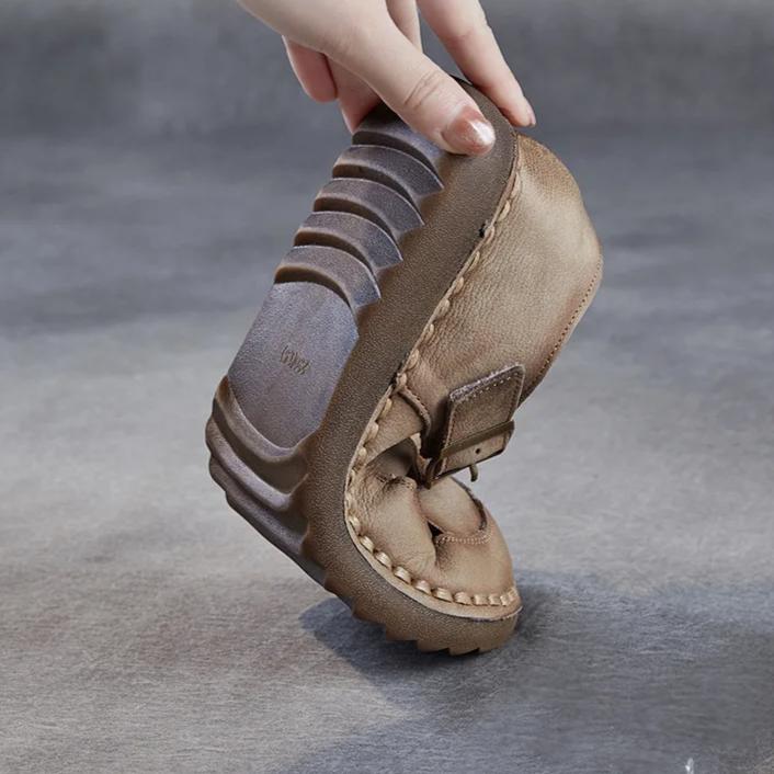 Johnature Genuine Leather Retro Round Toe Sandals Hollow-out Breathable Versatile Women's Flat Shoes