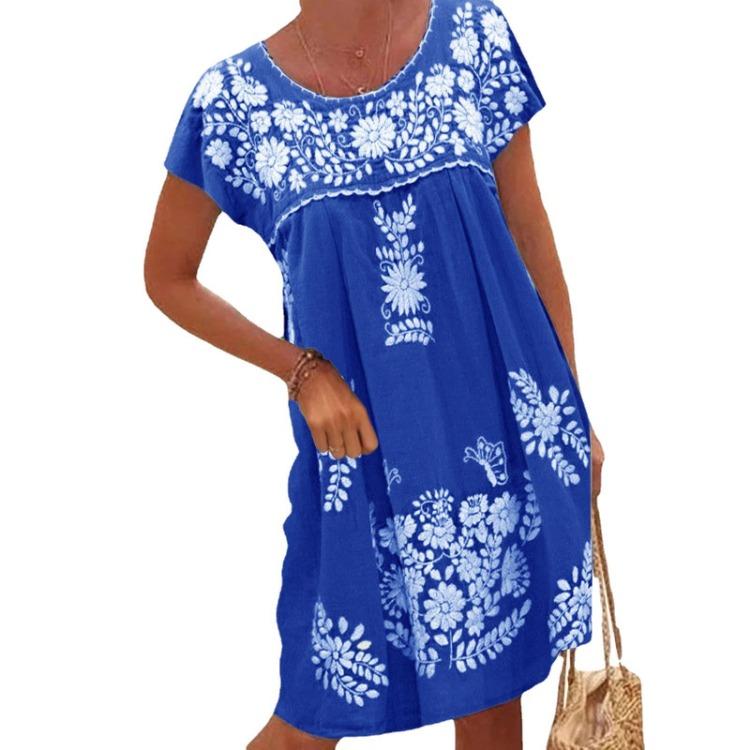 New Women Short Sleeve Round Neck Dress Spring Summer Ethnic Style Shoulder