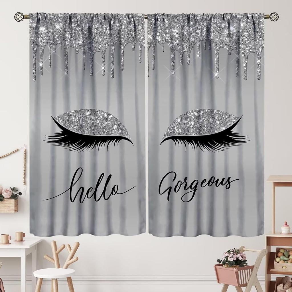 Unique 3D Printing Jewelry Falling Curtains Diamonds Black Backdrop Curtain with Rod Pocket for Bedroom Living Room Kitchen Home