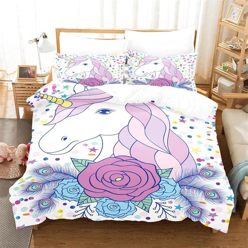 Comforter Girls Unicorn Full King Queen Size Microfiber Eyelashes Floral Comforter 3D Cartoon Bedding Set For Kids Teen