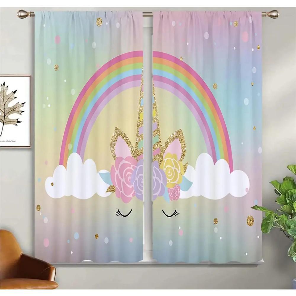 Cartoon Unicorn Curtains Rainbow Horse Curtains 2 Panels Kids Room Boys Girls Bedroom Living Room Den Study Room Decor Curtains