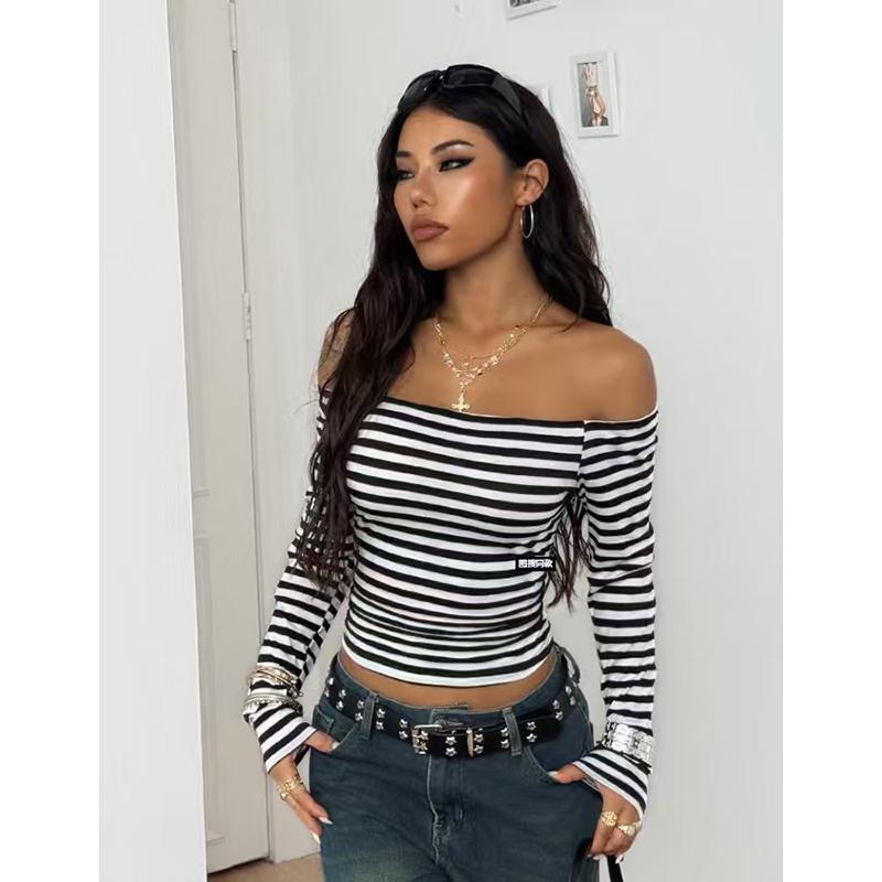 New Slanted Shoulder Off-shoulder Slim-fitting Retro Striped One-word Shoulder Short Sexy Long-sleeved T-shirt Women S белый