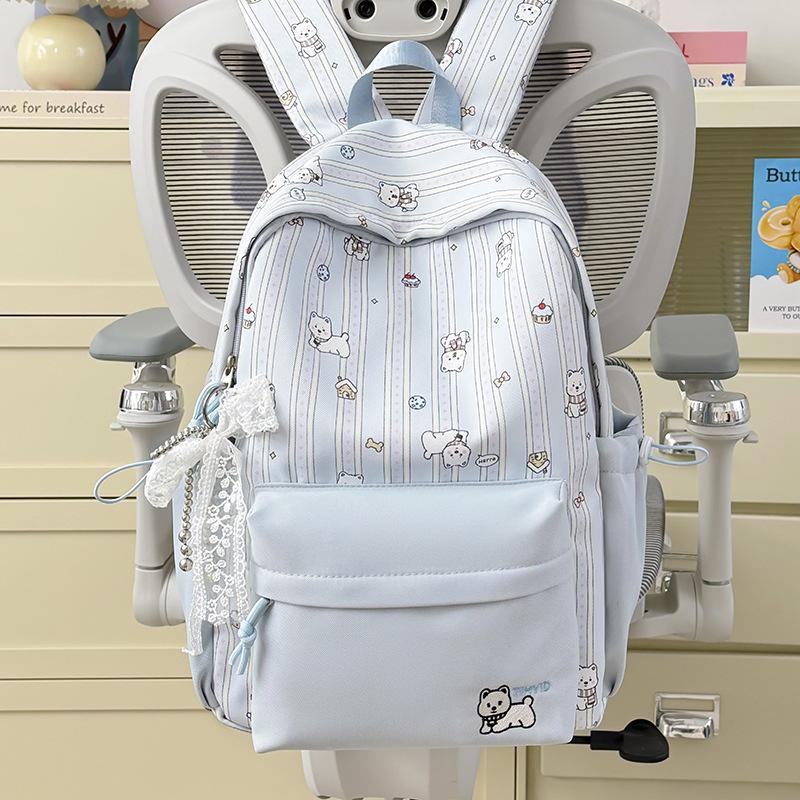 Schoolbag Female Japanese Small Fresh Sweet Printed Bear Striped Backpack Junior High School Student Lightweight Large Capacity Backpack